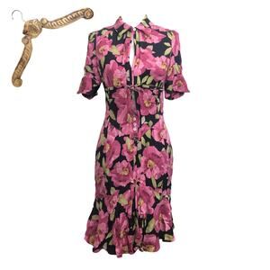 Karen Millen Silk Dress Floral Shirt Dress Belted Collar Pink Black Trumpet 8